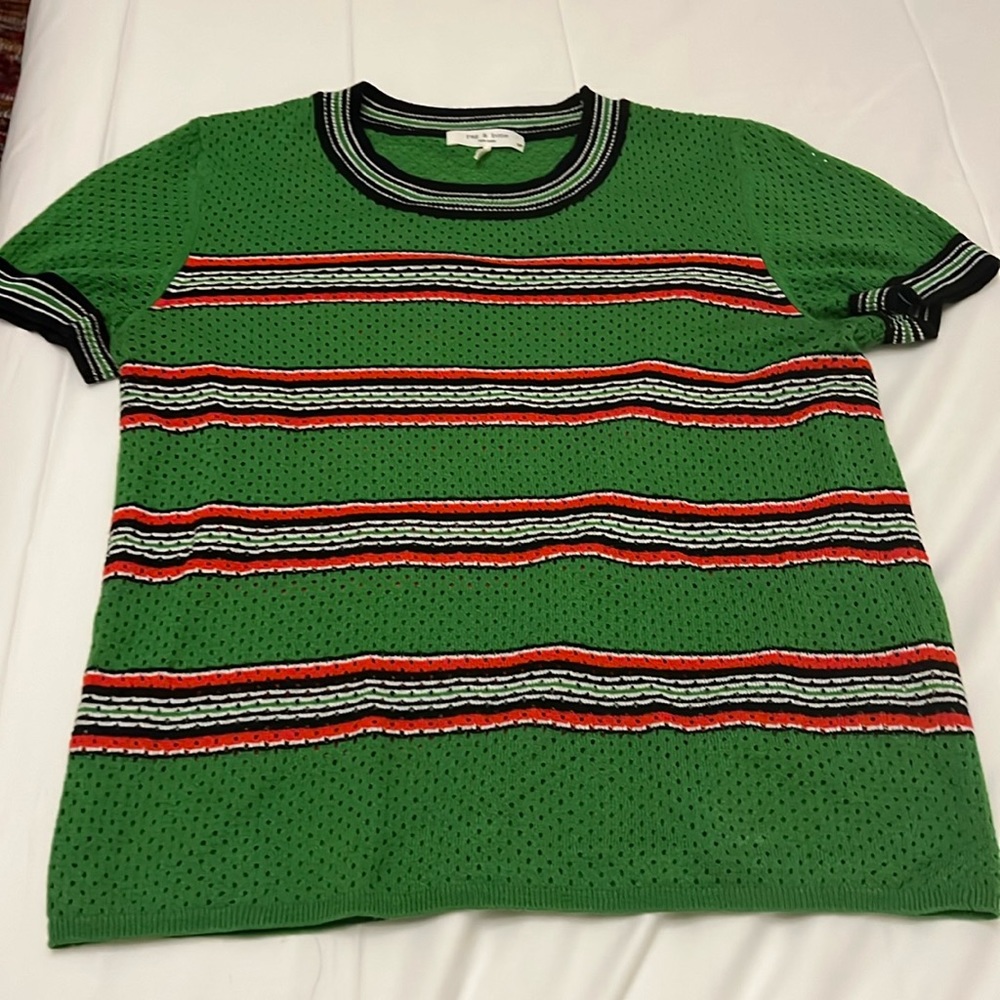 Rag & Bone Green Striped Short Sleeve Darcie Mesh SIZE SP (model in diff color)